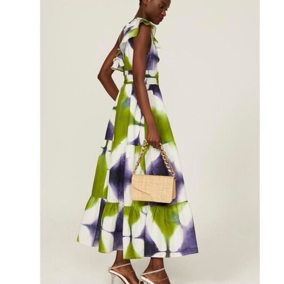 Busayo One Shoulder Ruffle Tie Dye Maxi Purple White and Green Dress - 0 - Picture 4 of 12